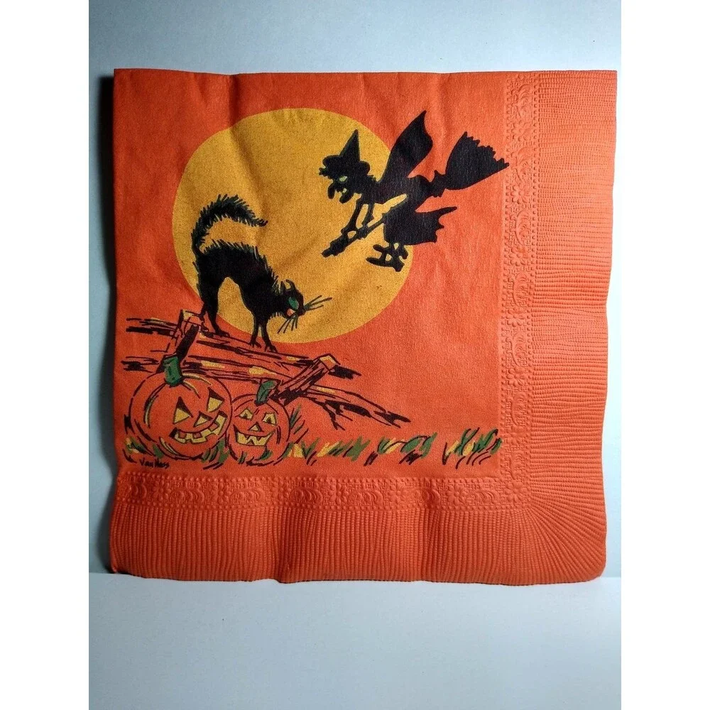 Vintage Van Ness Halloween Paper Napkin Witch Moon Black Cat Pumpkins 6.5